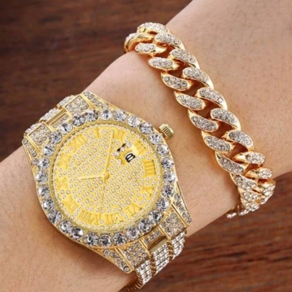 Mens Iced Out Simulated Diamond Hiphopbling Watch & Iced Out Cuban Bracelet Set - Picture 1 of 4
